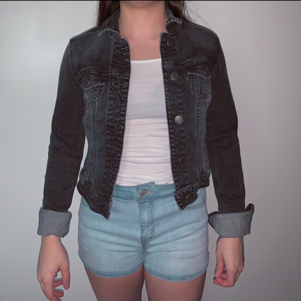 Black Jean Jacket w/ Washed Effect to Fabric